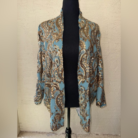 Anthropologie Ettawa Sequins Turquoise and Gold Toned Kimono Jacket- M/L - Picture 6 of 13